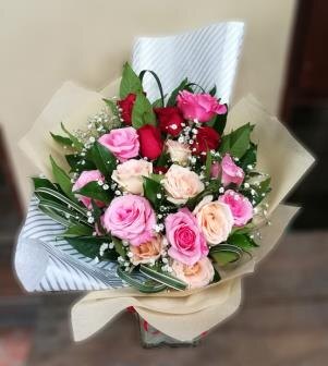 Purple and white bouquet from Flower Power Bali catalogue